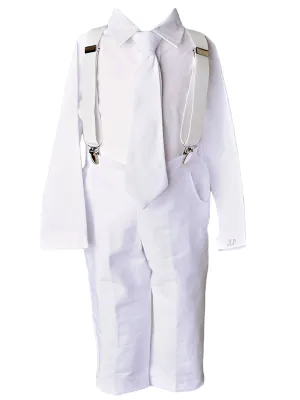 Baby Boys White Linen 4pc Romper Pants Tie Suspenders Christening Outfit NB-24M