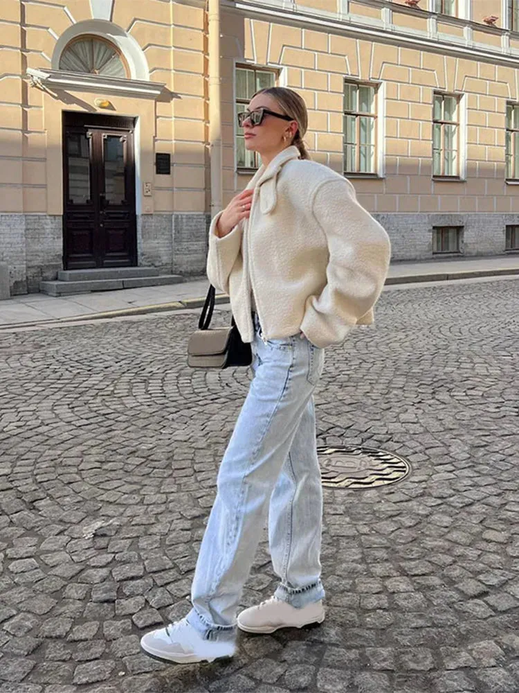 Chic Contrast Spliced Lapel Women's Lamb Wool Jacket Casual Zipper Thick Long Sleeve Coat New Ladies Warm Commute Outerwear
