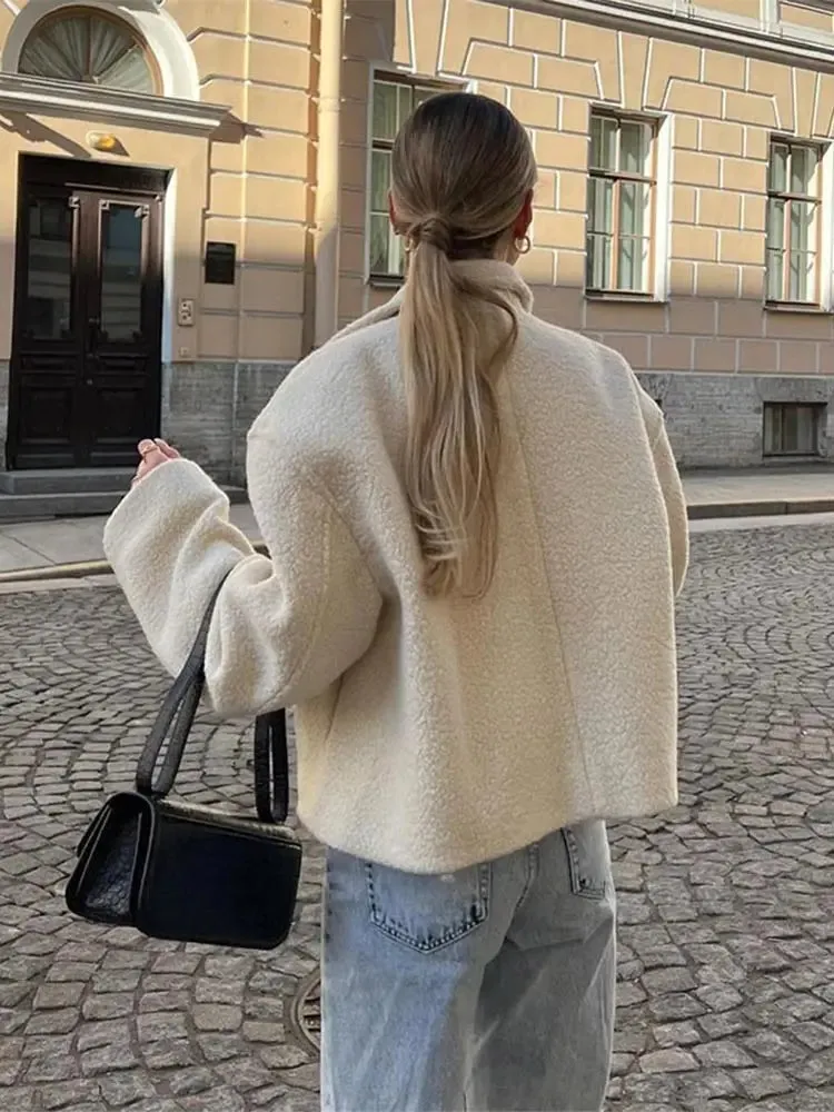 Chic Contrast Spliced Lapel Women's Lamb Wool Jacket Casual Zipper Thick Long Sleeve Coat New Ladies Warm Commute Outerwear