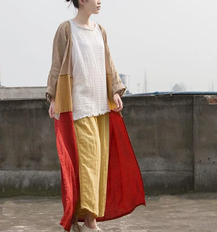 Color Block Long Linen Cardigan | Lotus
