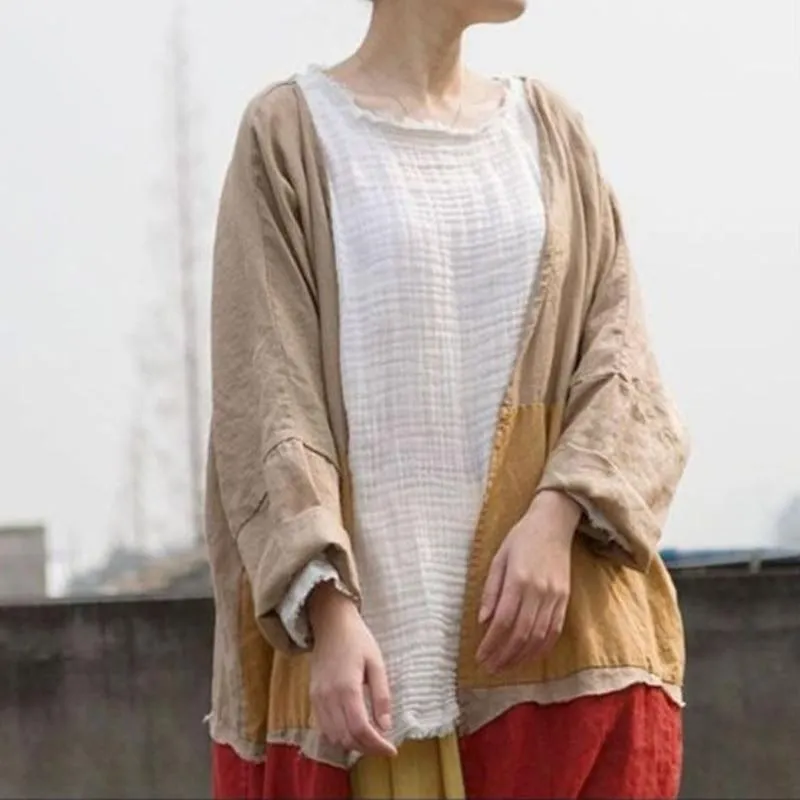 Color Block Long Linen Cardigan | Lotus