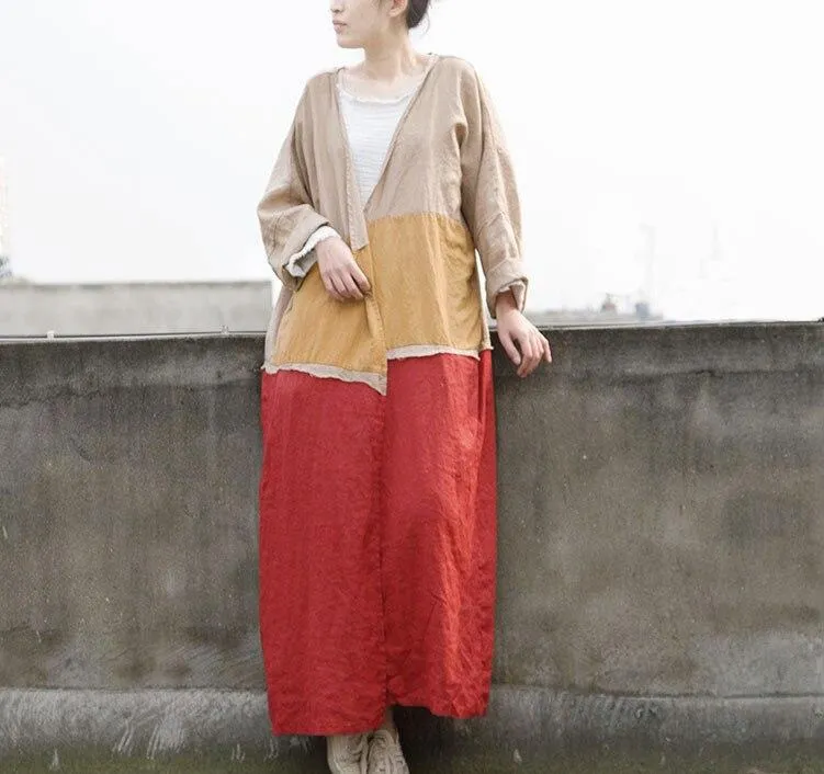 Color Block Long Linen Cardigan | Lotus