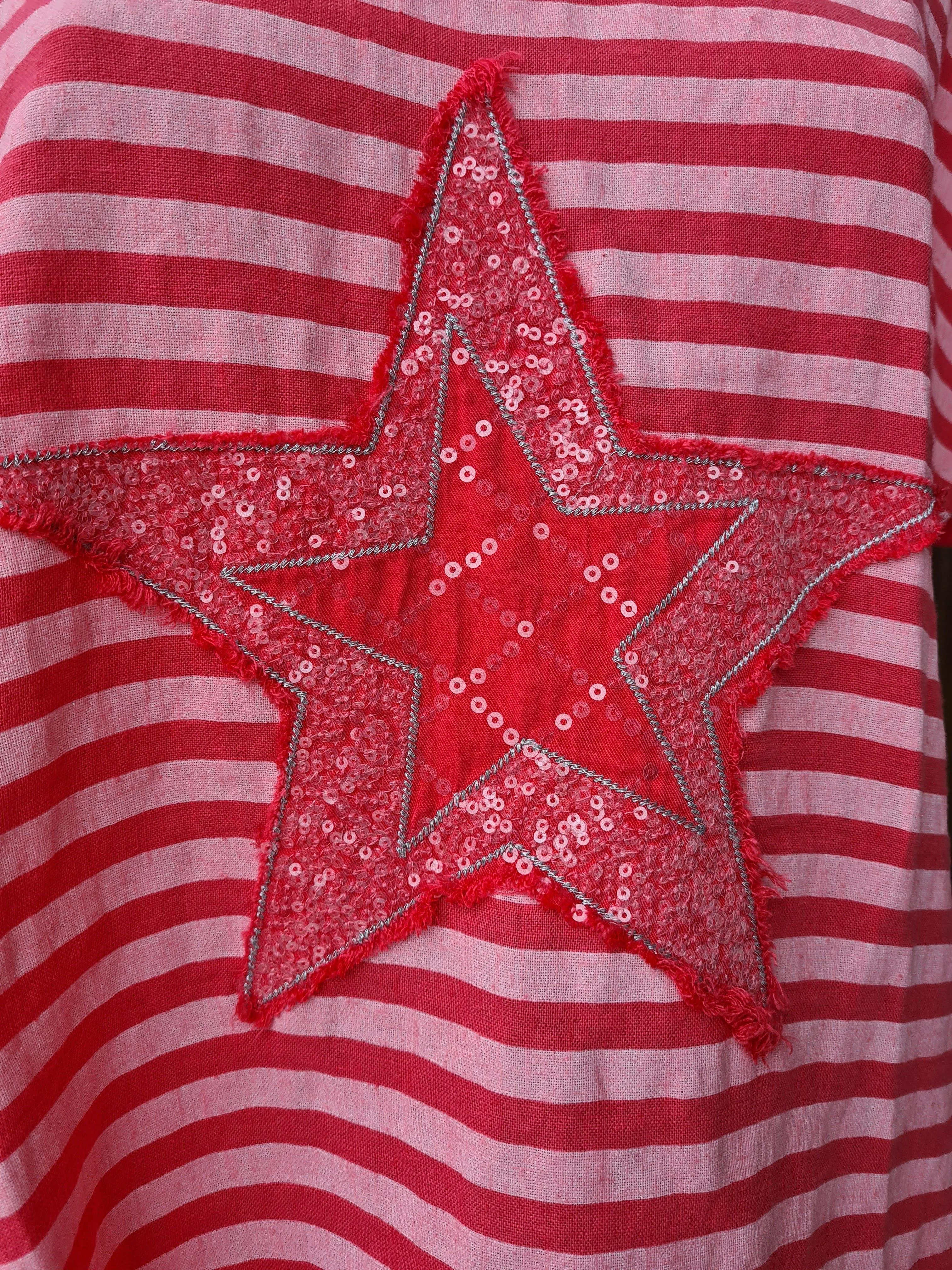 LST21-D1 La Strada Linen Cotton Coral Stripe Star Top