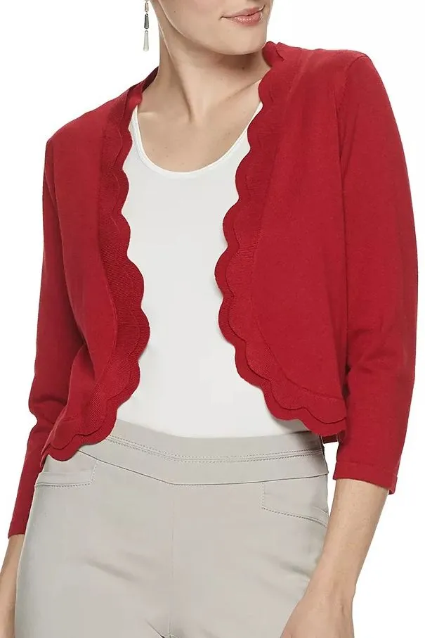 Nina Leonard Scalloped Open Front 3/4 Sleeve Solid Rayon Knit Jacket
