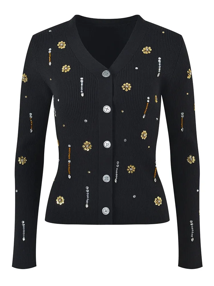 Pre Order:  Beaded Floral Knitted Cardigan   Cami Set