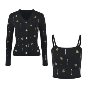 Pre Order:  Beaded Floral Knitted Cardigan   Cami Set