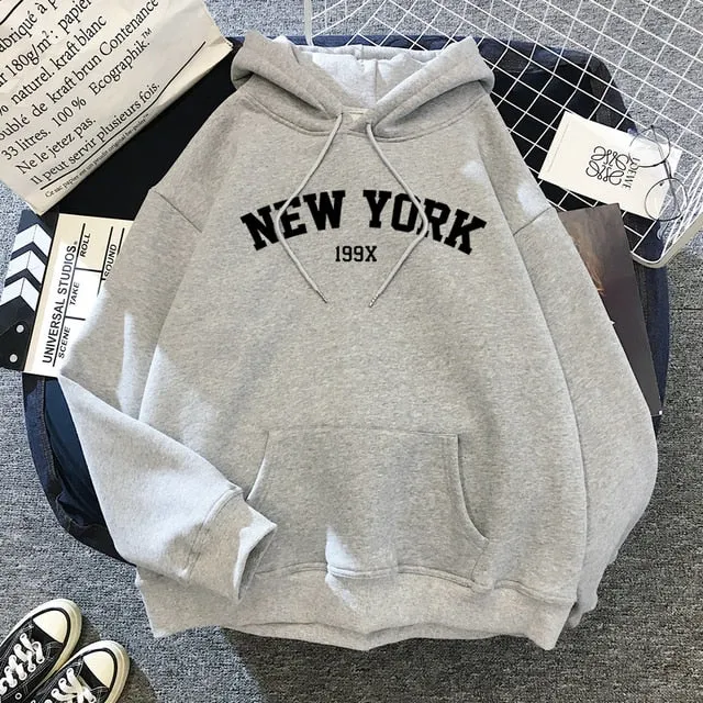Purpdrank - Female Thicken Warm Hoodies Lady Autumn Tops NEW Sweatshirts Velvet Winter Women's NEW YORK Printing Hooded Hoodies