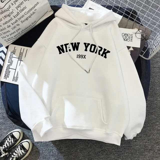 Purpdrank - Female Thicken Warm Hoodies Lady Autumn Tops NEW Sweatshirts Velvet Winter Women's NEW YORK Printing Hooded Hoodies