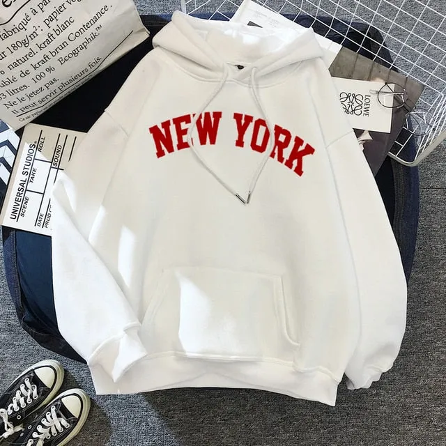 Purpdrank - Female Thicken Warm Hoodies Lady Autumn Tops NEW Sweatshirts Velvet Winter Women's NEW YORK Printing Hooded Hoodies