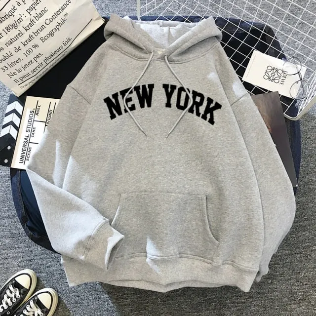 Purpdrank - Female Thicken Warm Hoodies Lady Autumn Tops NEW Sweatshirts Velvet Winter Women's NEW YORK Printing Hooded Hoodies