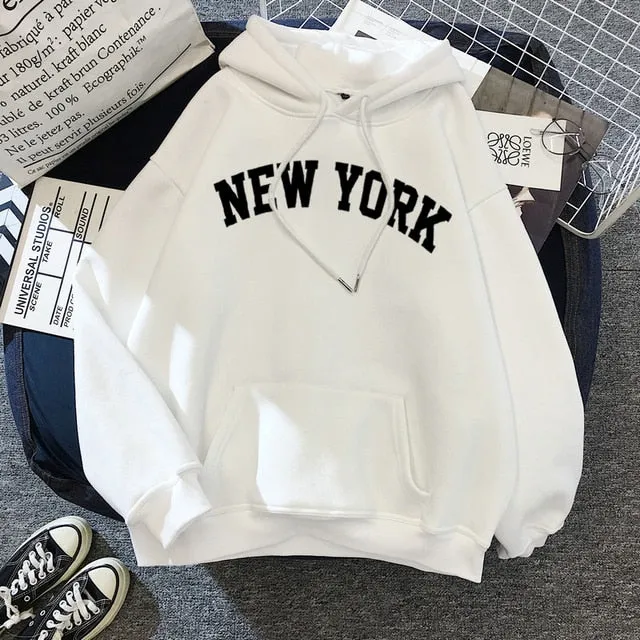 Purpdrank - Female Thicken Warm Hoodies Lady Autumn Tops NEW Sweatshirts Velvet Winter Women's NEW YORK Printing Hooded Hoodies