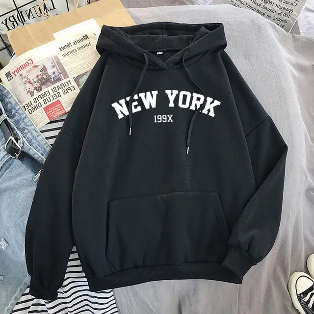 Purpdrank - Female Thicken Warm Hoodies Lady Autumn Tops NEW Sweatshirts Velvet Winter Women's NEW YORK Printing Hooded Hoodies