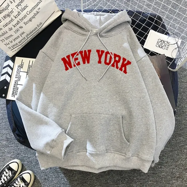 Purpdrank - Female Thicken Warm Hoodies Lady Autumn Tops NEW Sweatshirts Velvet Winter Women's NEW YORK Printing Hooded Hoodies
