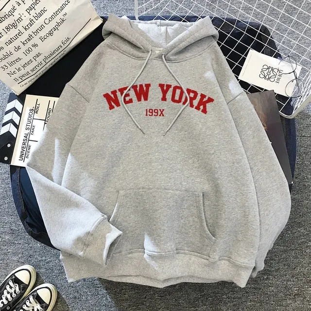 Purpdrank - Female Thicken Warm Hoodies Lady Autumn Tops NEW Sweatshirts Velvet Winter Women's NEW YORK Printing Hooded Hoodies