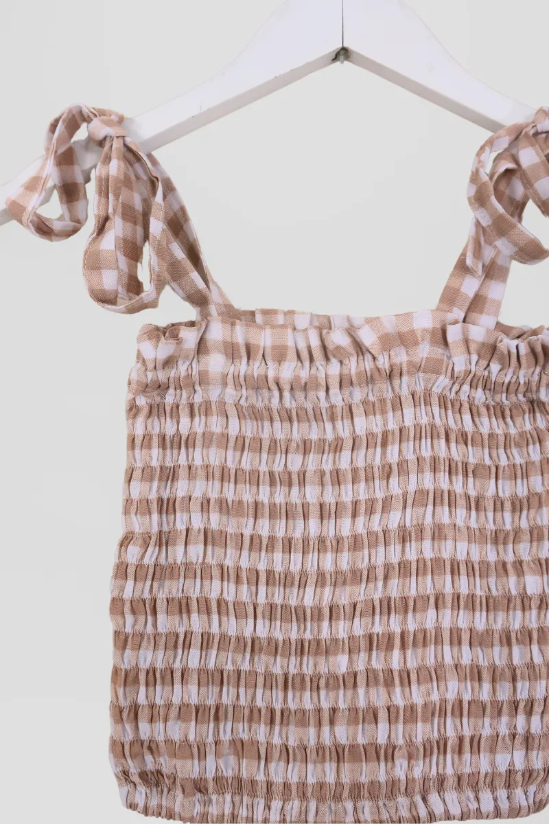 Rosa Ribbon Top in Biscuit Brown Gingham