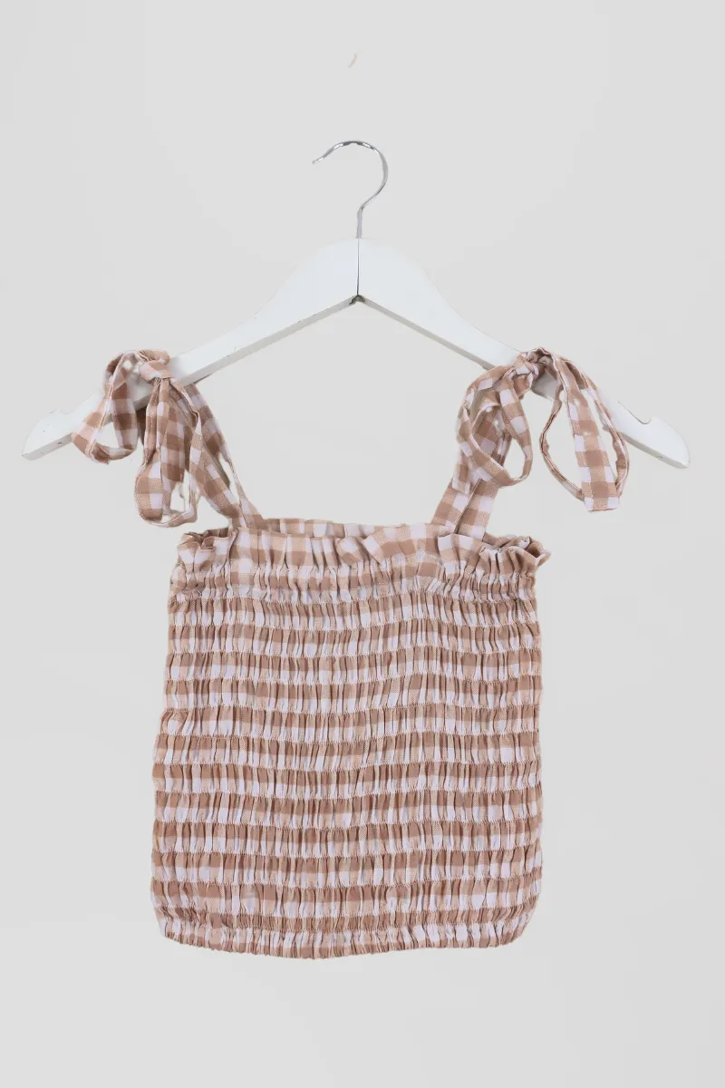 Rosa Ribbon Top in Biscuit Brown Gingham