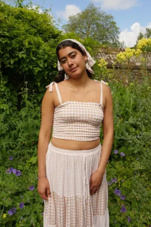 Rosa Ribbon Top in Biscuit Brown Gingham