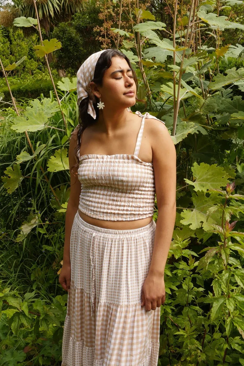 Rosa Ribbon Top in Biscuit Brown Gingham