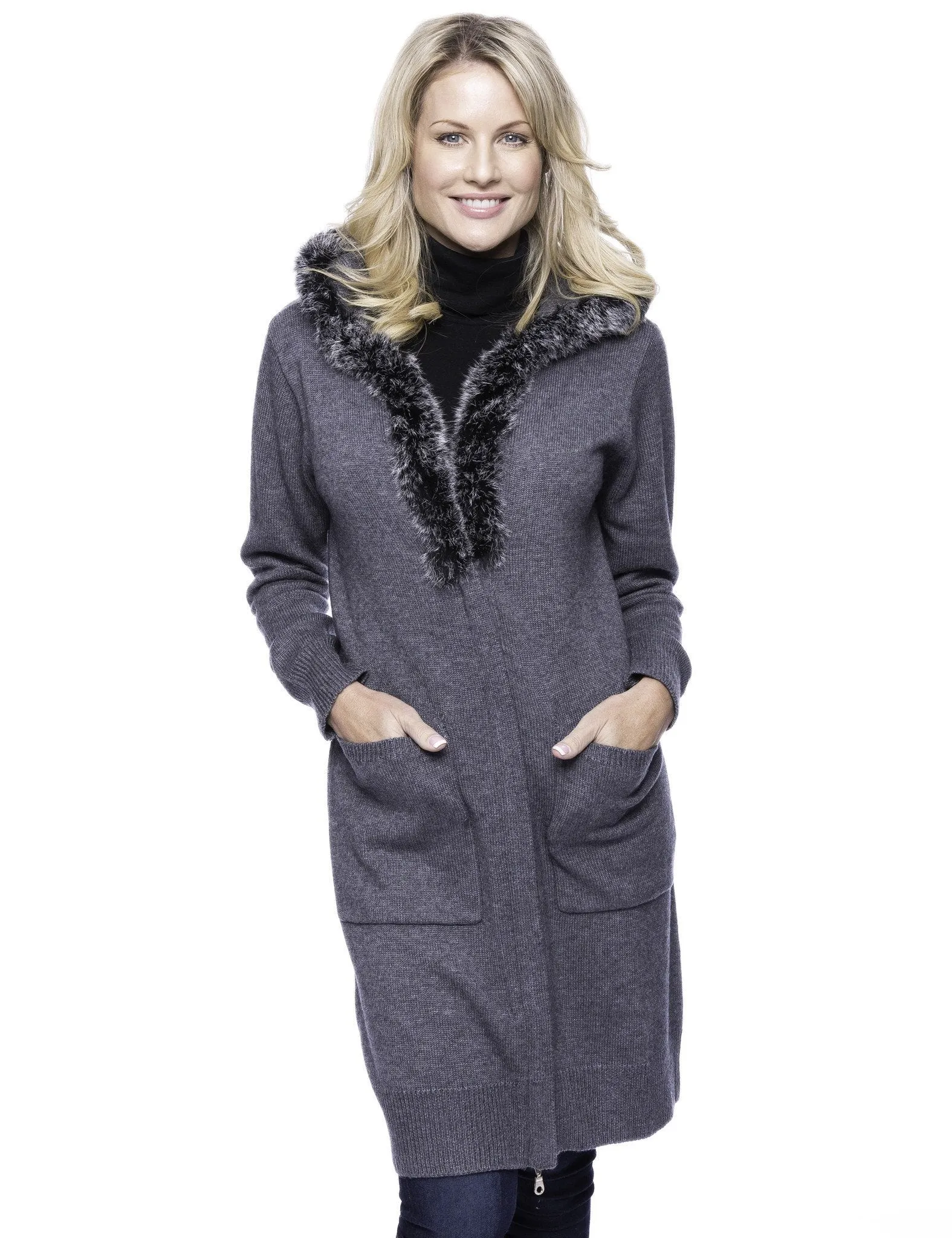 Tocco Reale Women's Wool Blend Zip Cardigan with Fur Trim Hood - Charcoal