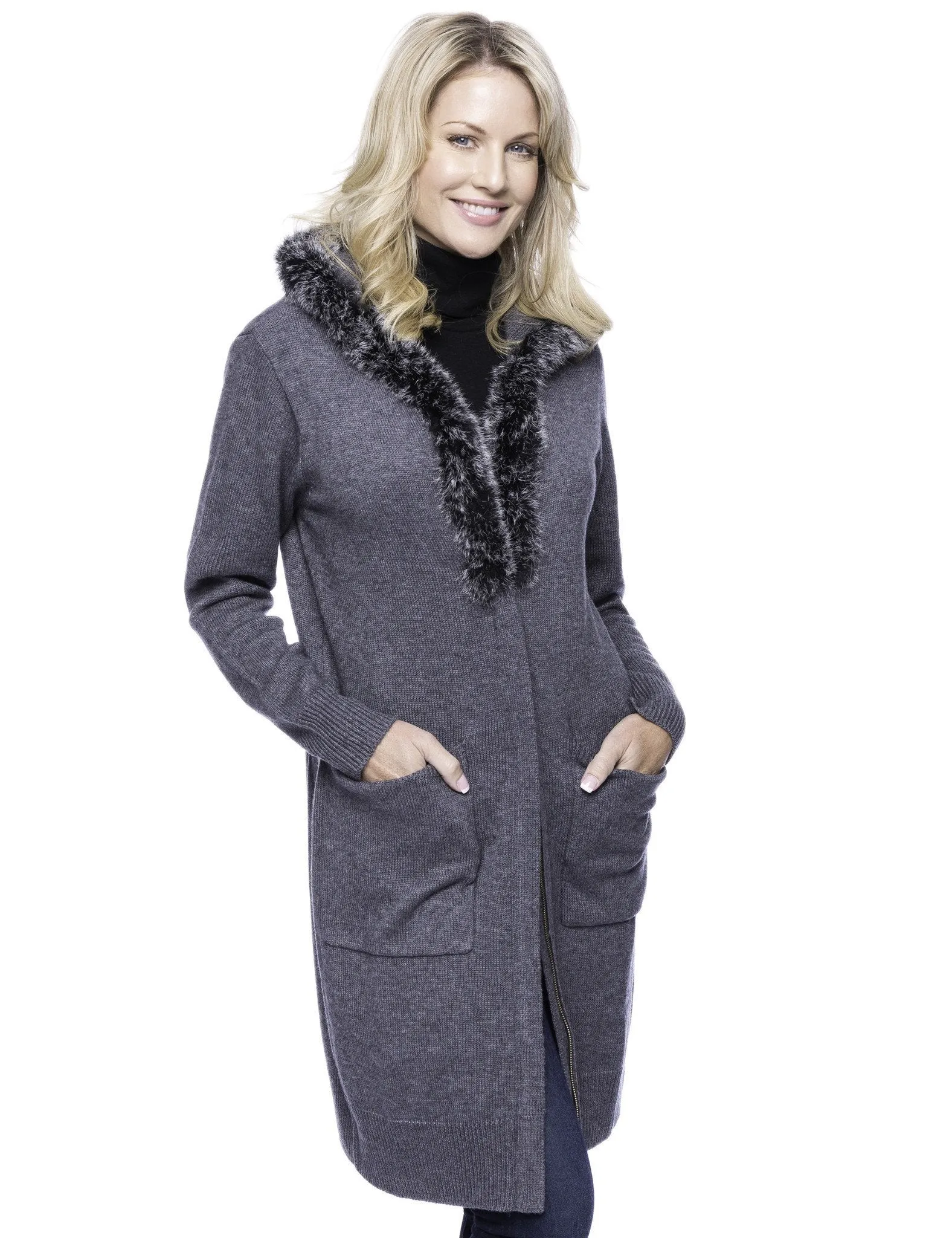 Tocco Reale Women's Wool Blend Zip Cardigan with Fur Trim Hood - Charcoal