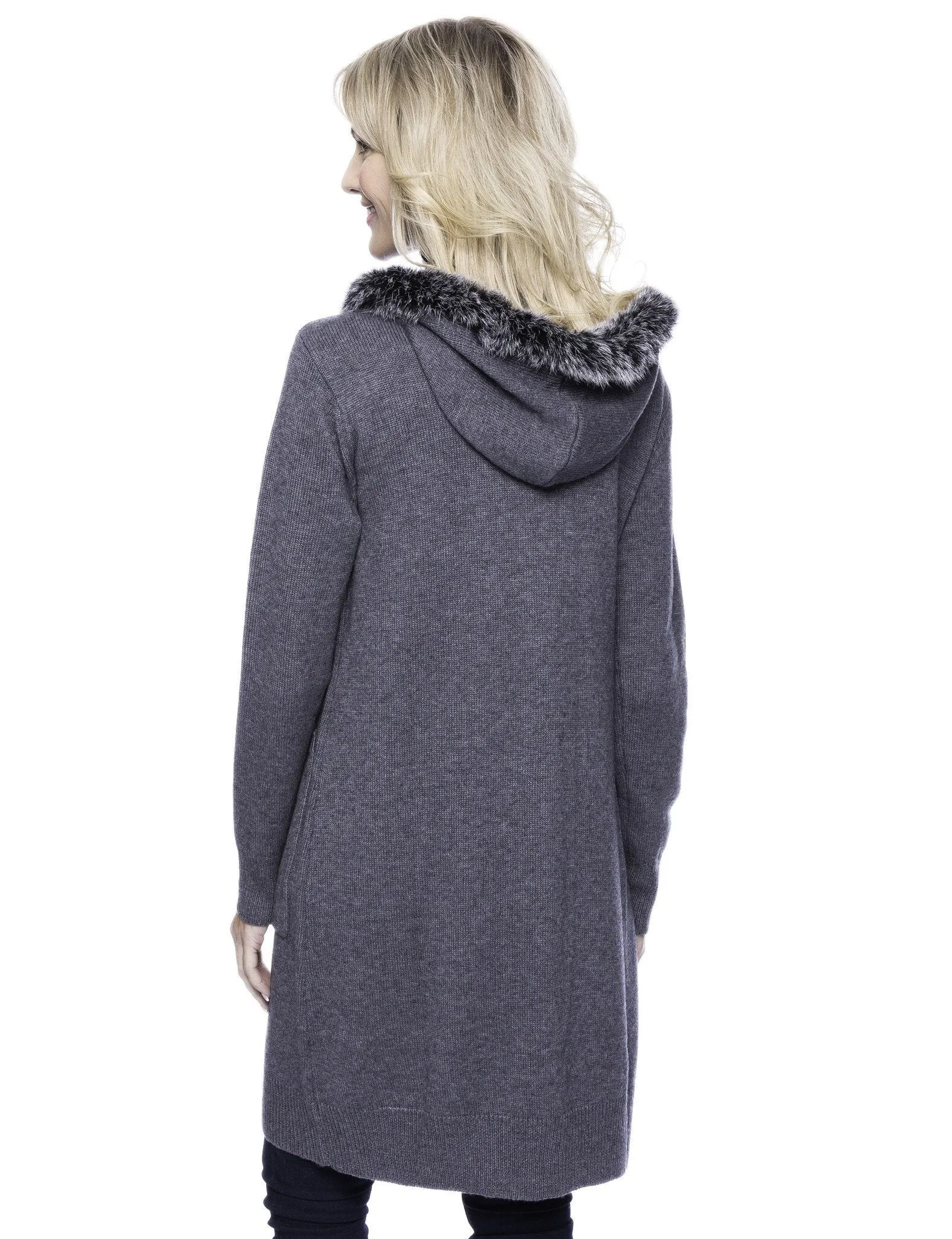 Tocco Reale Women's Wool Blend Zip Cardigan with Fur Trim Hood - Charcoal