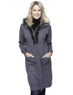 Tocco Reale Women's Wool Blend Zip Cardigan with Fur Trim Hood - Charcoal