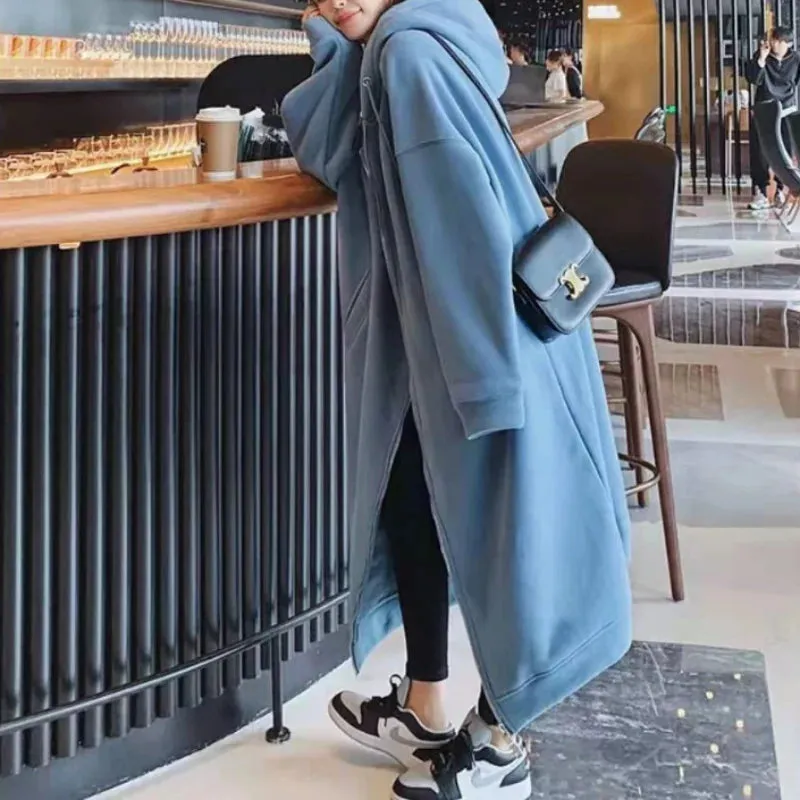 Uniwim Autumn Winter New Women Fleece Thick Long Coats Korean Fashion Casual Loose Long Sleeve Zipper Cardigan Oversized Hooded Dresses