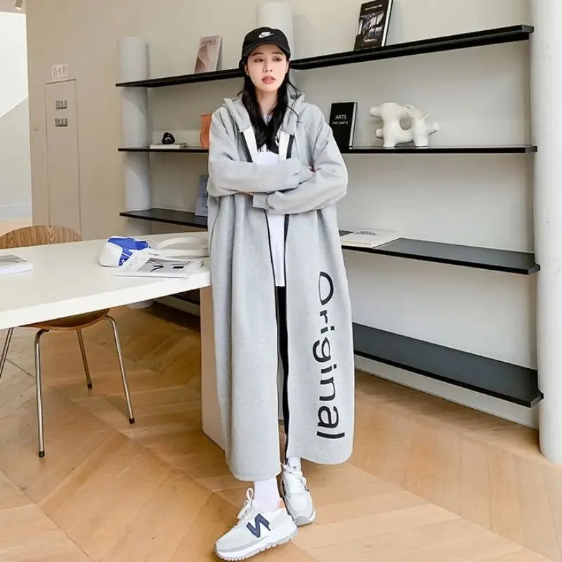 Uniwim Autumn Winter New Women Fleece Thick Long Coats Korean Fashion Casual Loose Long Sleeve Zipper Cardigan Oversized Hooded Dresses