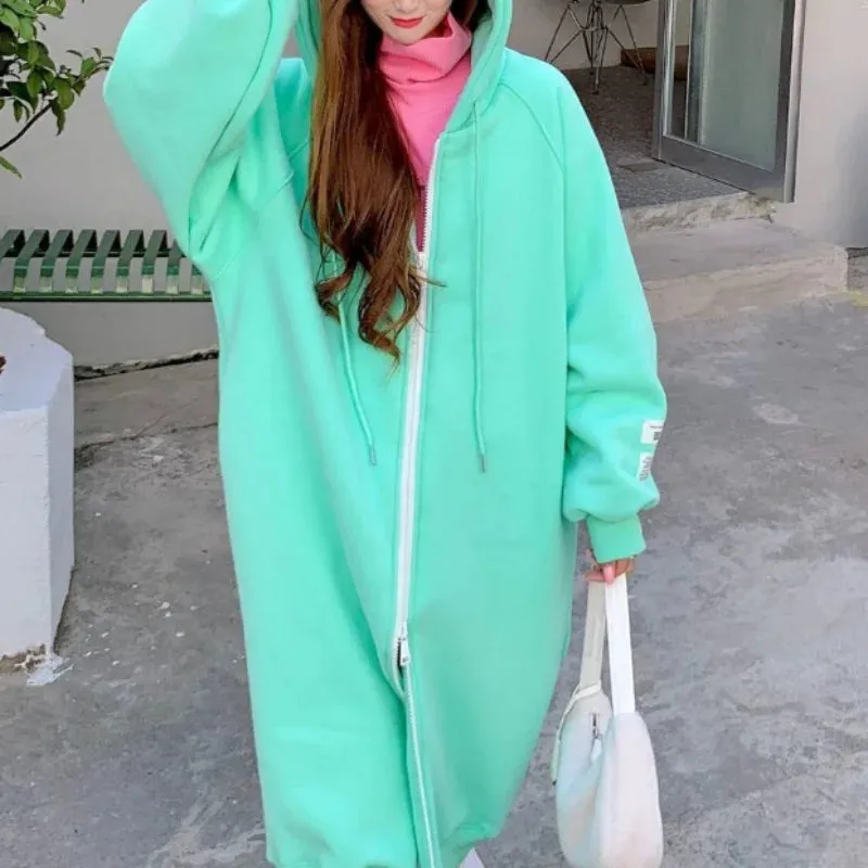 Uniwim Autumn Winter New Women Fleece Thick Long Coats Korean Fashion Casual Loose Long Sleeve Zipper Cardigan Oversized Hooded Dresses