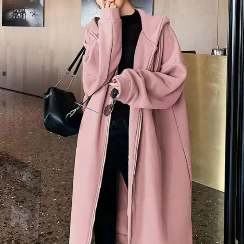 Uniwim Autumn Winter New Women Fleece Thick Long Coats Korean Fashion Casual Loose Long Sleeve Zipper Cardigan Oversized Hooded Dresses