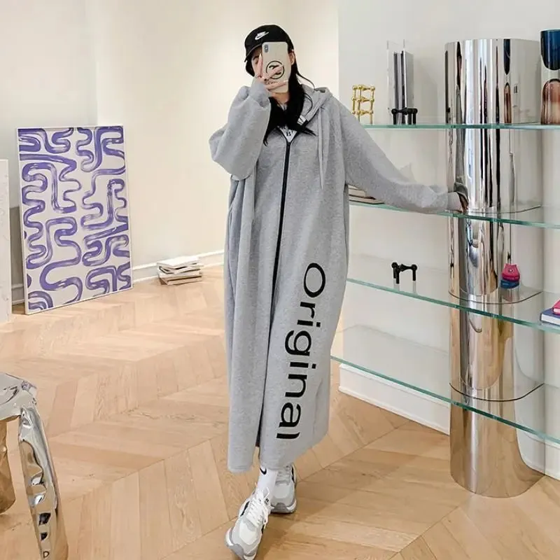 Uniwim Autumn Winter New Women Fleece Thick Long Coats Korean Fashion Casual Loose Long Sleeve Zipper Cardigan Oversized Hooded Dresses