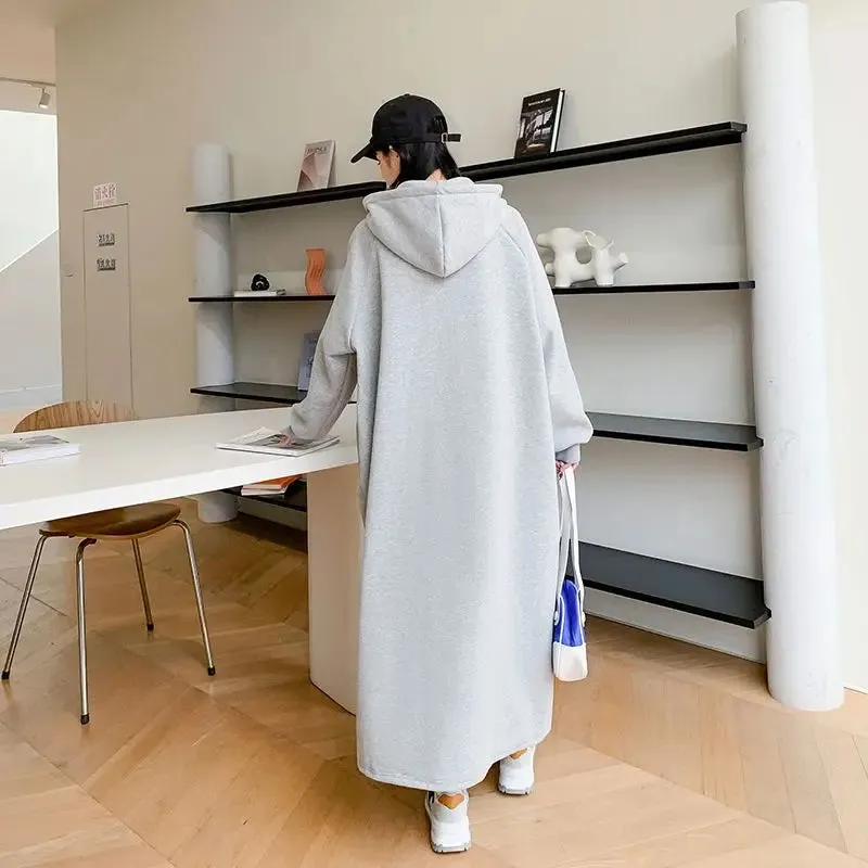 Uniwim Autumn Winter New Women Fleece Thick Long Coats Korean Fashion Casual Loose Long Sleeve Zipper Cardigan Oversized Hooded Dresses