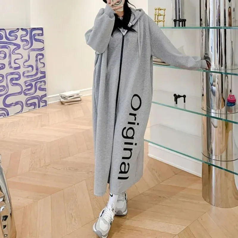 Uniwim Autumn Winter New Women Fleece Thick Long Coats Korean Fashion Casual Loose Long Sleeve Zipper Cardigan Oversized Hooded Dresses