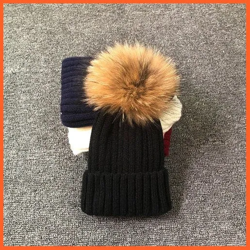 Winter Brand Kids Fur Pom Poms Hats |  Winter Hat For Women Hat Knitted Beanies Cap Hat Thick Women Skullies Beanies