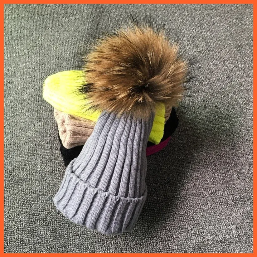 Winter Brand Kids Fur Pom Poms Hats |  Winter Hat For Women Hat Knitted Beanies Cap Hat Thick Women Skullies Beanies
