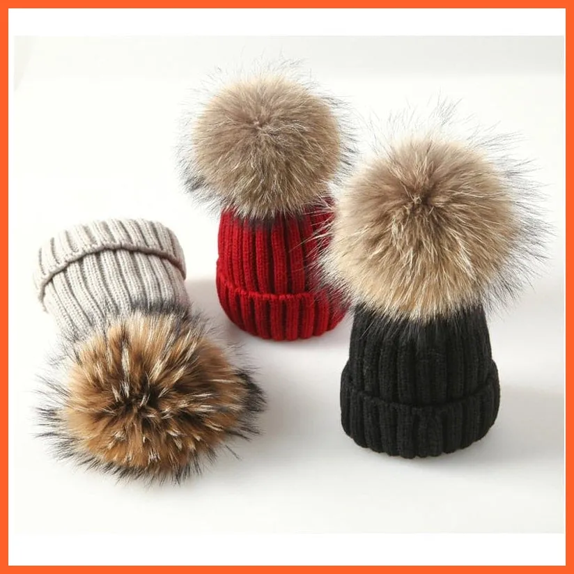 Winter Brand Kids Fur Pom Poms Hats |  Winter Hat For Women Hat Knitted Beanies Cap Hat Thick Women Skullies Beanies