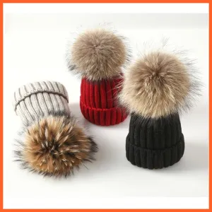 Winter Brand Kids Fur Pom Poms Hats |  Winter Hat For Women Hat Knitted Beanies Cap Hat Thick Women Skullies Beanies