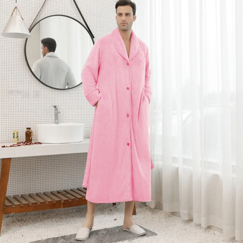xiangtuibao Winter Warm Flannel Buttons Bathrobe Female Hooded Loose Lengthen Thicken Solid Robes For Pregnant Woman Couples Night Dress 3XL
