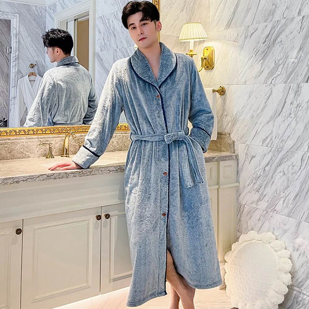 xiangtuibao Winter Warm Flannel Buttons Bathrobe Female Hooded Loose Lengthen Thicken Solid Robes For Pregnant Woman Couples Night Dress 3XL