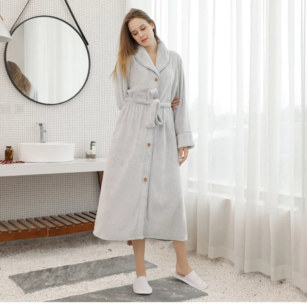 xiangtuibao Winter Warm Flannel Buttons Bathrobe Female Hooded Loose Lengthen Thicken Solid Robes For Pregnant Woman Couples Night Dress 3XL