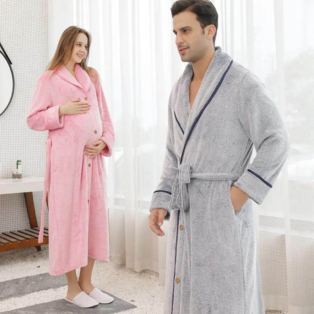 xiangtuibao Winter Warm Flannel Buttons Bathrobe Female Hooded Loose Lengthen Thicken Solid Robes For Pregnant Woman Couples Night Dress 3XL