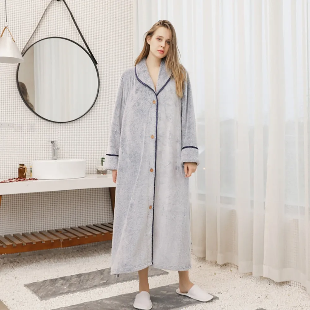 xiangtuibao Winter Warm Flannel Buttons Bathrobe Female Hooded Loose Lengthen Thicken Solid Robes For Pregnant Woman Couples Night Dress 3XL